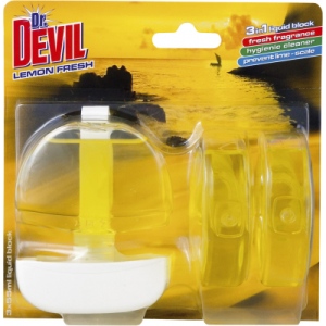 Dr. Devil 3v1 Lemon Fresh tekutý WC blok, košíček + náplň 3× 55 ml