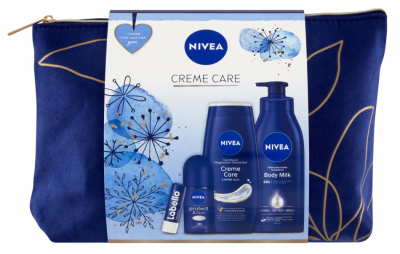 Kazeta NIVEA Creme Care taštička , tělové mléko 400 ml+sprchový gel 250 ml+roll-on 50 ml+Labello