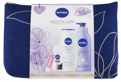Kazeta NIVEA Smooth Care taštička tělové mléko 400 ml+sprchový gel 250 ml+roll-on 50 ml+Labello