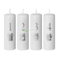 Emocio adventní svíčky 40x120 bílé barvy se stříbrným potiskem čísel a dárků 4 ks